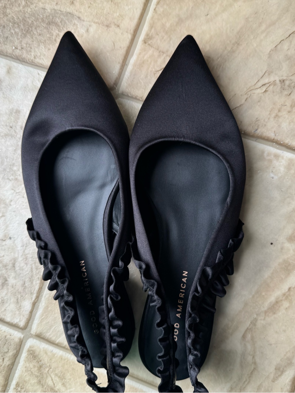 Good American Black Satin Pointed Slingback Flats with Ruched Strap